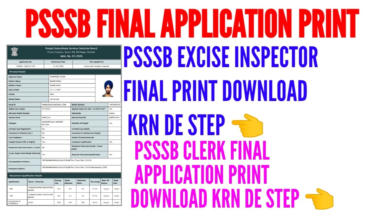 Psssb excise and taxation inspector/clerk de final application print download karn de step 2026