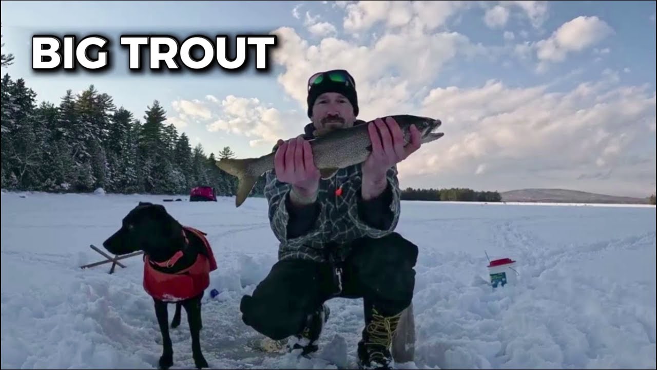 Maine Ice Fishing Day Trip | Snowshoes, Sled, Tent, Pellet Stove & Big Trout (Dog Included)