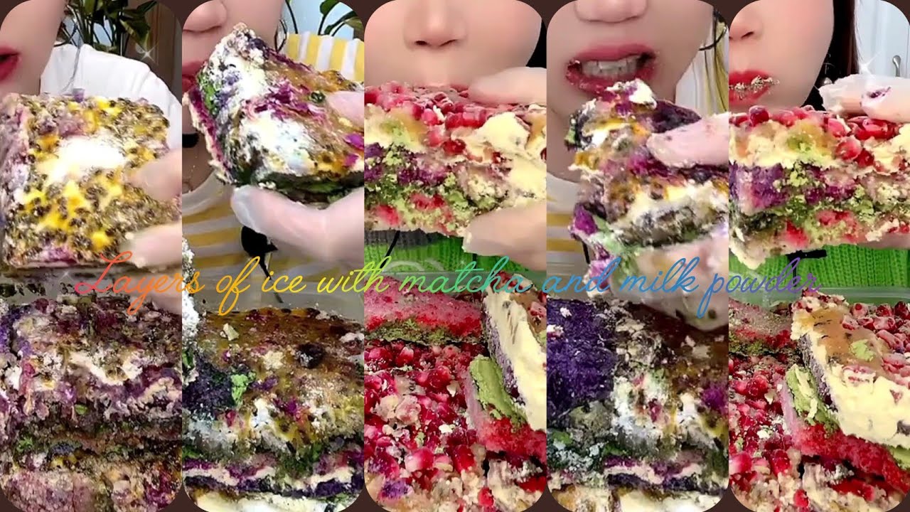 Layers of ice with matcha, milk powder, and fruit juice.