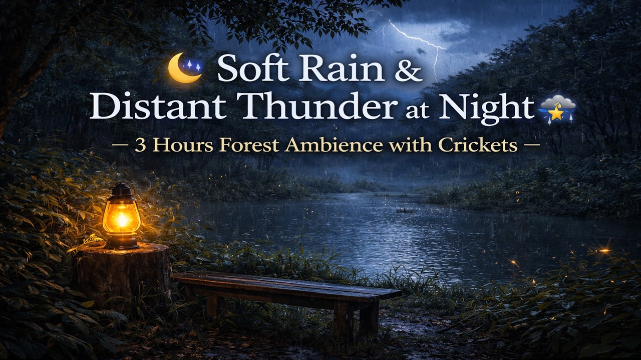 🌙 Soft Rain & Distant Thunder at Night 🌧 3 Hours Forest Ambience with Crickets