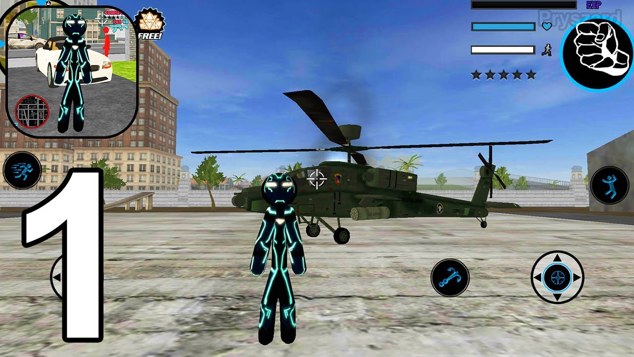 Neon Iron Stickman Rope Hero - iOS Android Gameplay #1 - Car Driver & Helicopter Pilot In Open World