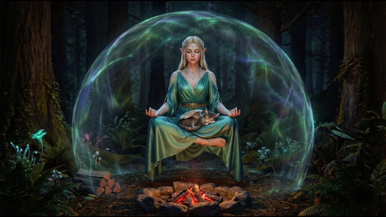 Deep Sleep Healing 432Hz 🌑 Dark Forest Ambience (Black Screen) | Elven Magic Protection