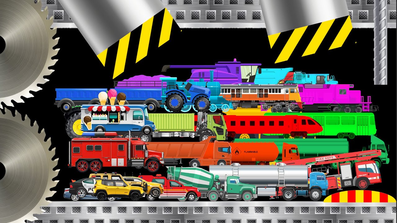 Car, Truck, Bus, Train Survival Race Vs Giant Saw Chase & Ragdoll Battle