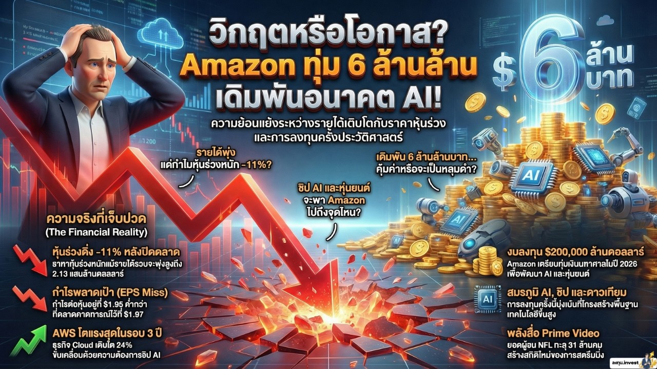 หุ้น Amazon (AMZN) ร่วงหนัก! รายได้พุ่งแต่กำไรพลาด AWS โตแกร่ง แต่ทำไมหุ้นร่วง? สรุปงบล่าสุดปี 2026