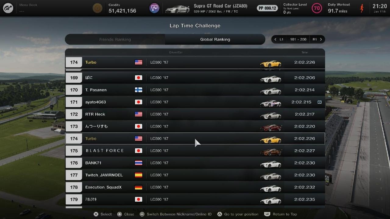 GT7 Watkins Glen LC500 time trial gold top 250