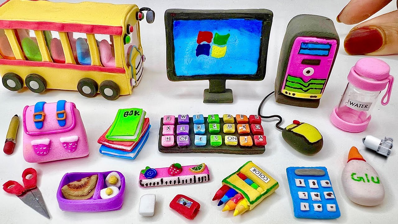 DIY How to make polymer clay miniature School Set, Computer, back to School supplies |diy stationary