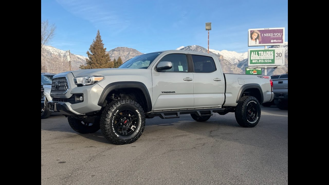 Lifted Cement Gray Long Bed 2019 Toyota Tacoma TRD Offroad Premium at Tyacke Motors Walk Around