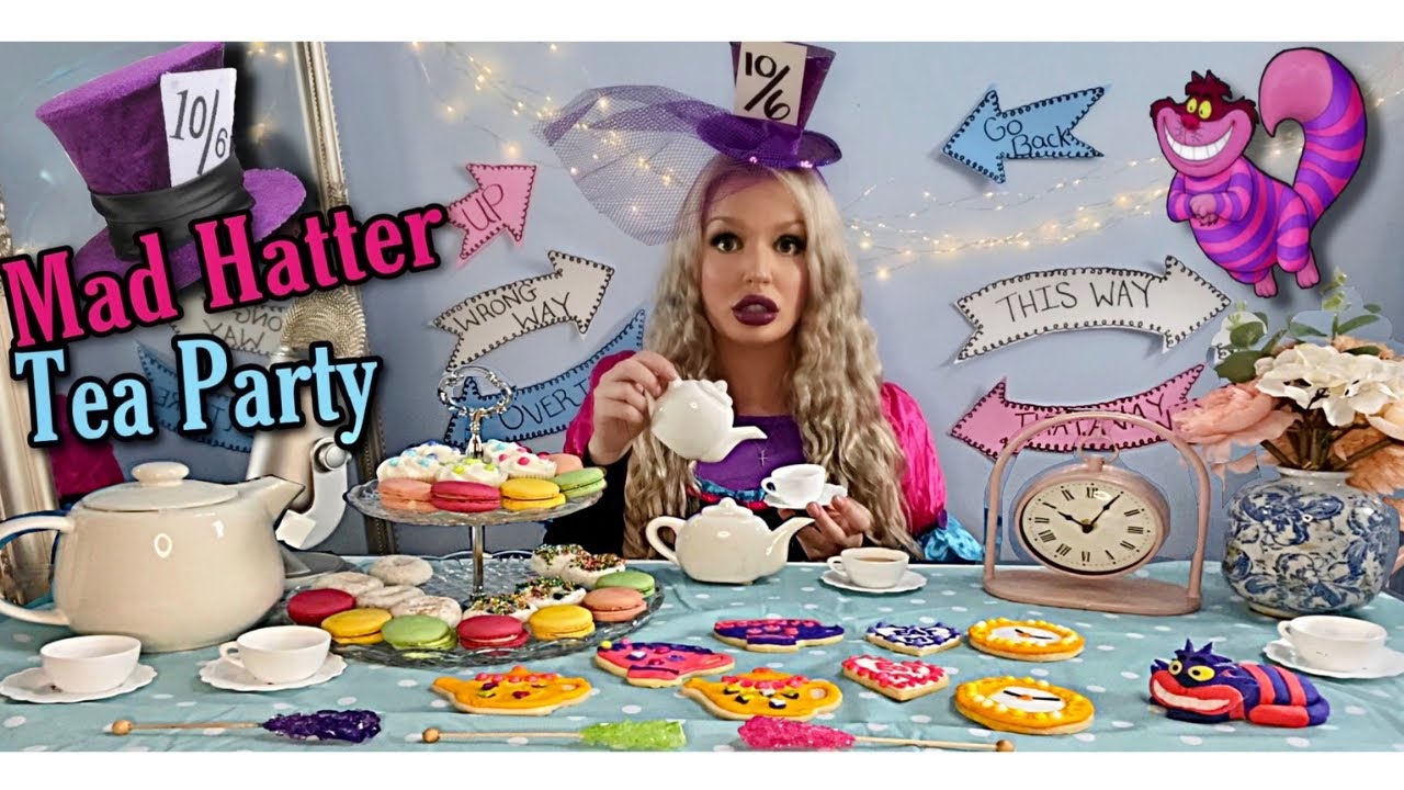 ASMR MAD HATTER TEA PARTY ALICE IN WONDERLAND WITH MACARONS, ROCK CANDY, AND A CHESHIRE CAT