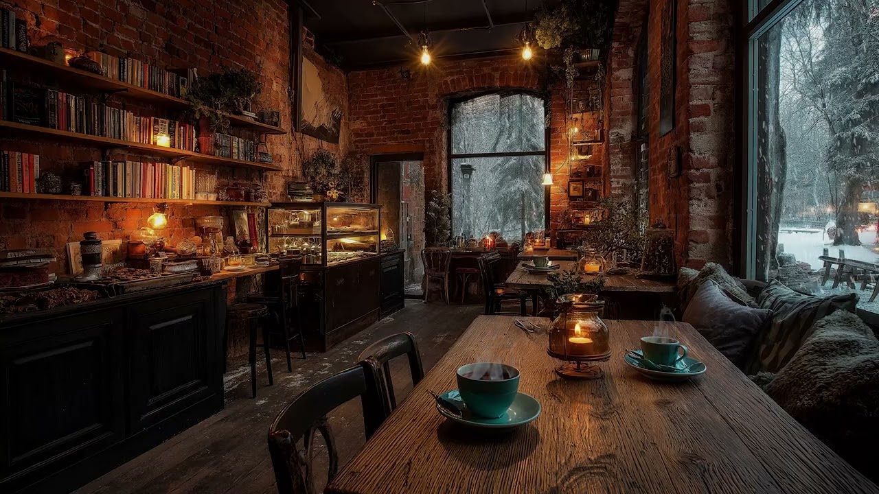 Calm Snowfall at a Warm Café with Gentle Piano Sounds for Studying, Sleeping, and Relaxation