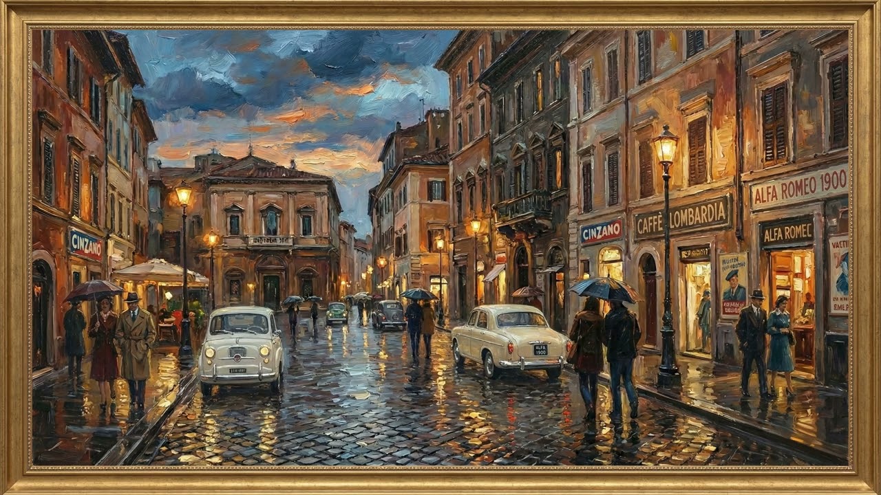 Rainy Rome Evening Street Painting | Cinematic Oil Art Ambience – 4K Silent Art Screensaver Loop