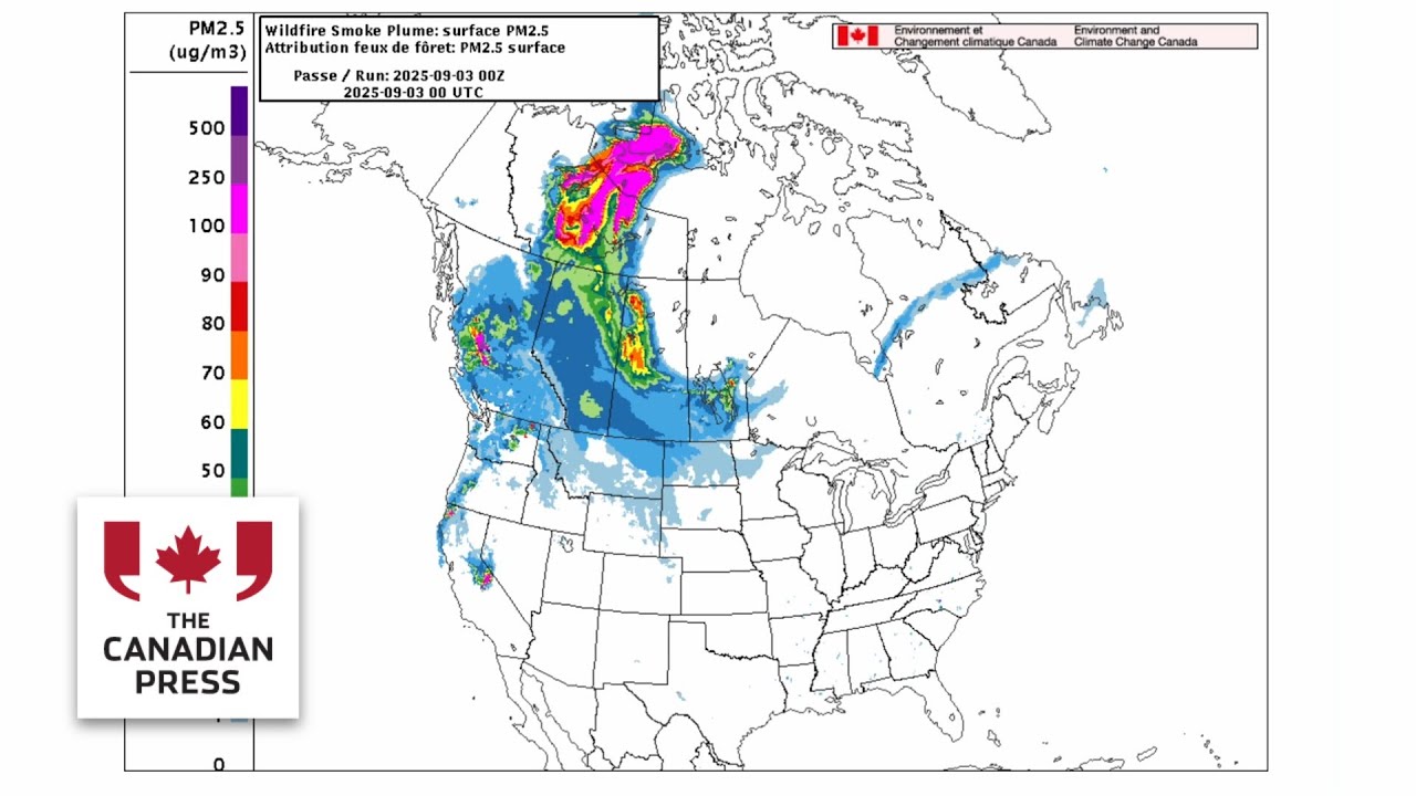 Map shows wildfire smoke intensifying over the Prairies and British Columbia this week