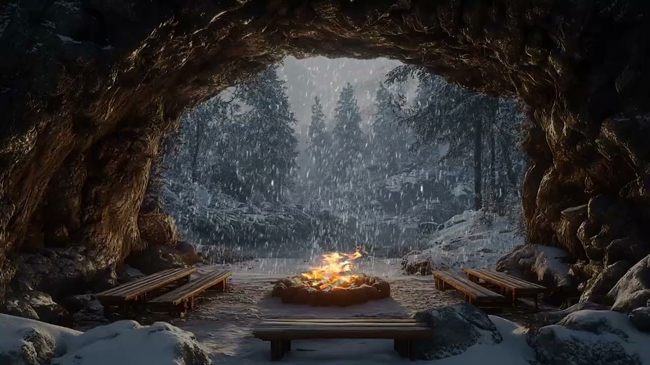 Ultimate Winter Cave Ambience | Snowstorm Wind and Campfire for Deep Sleep