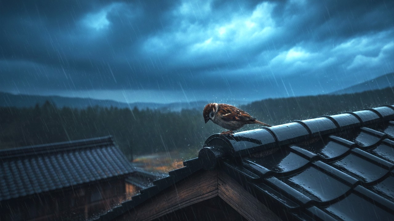 Lone Sparrow under Dark Sky Lofi Japanese 🐦 Thinking, Waiting, Solitude