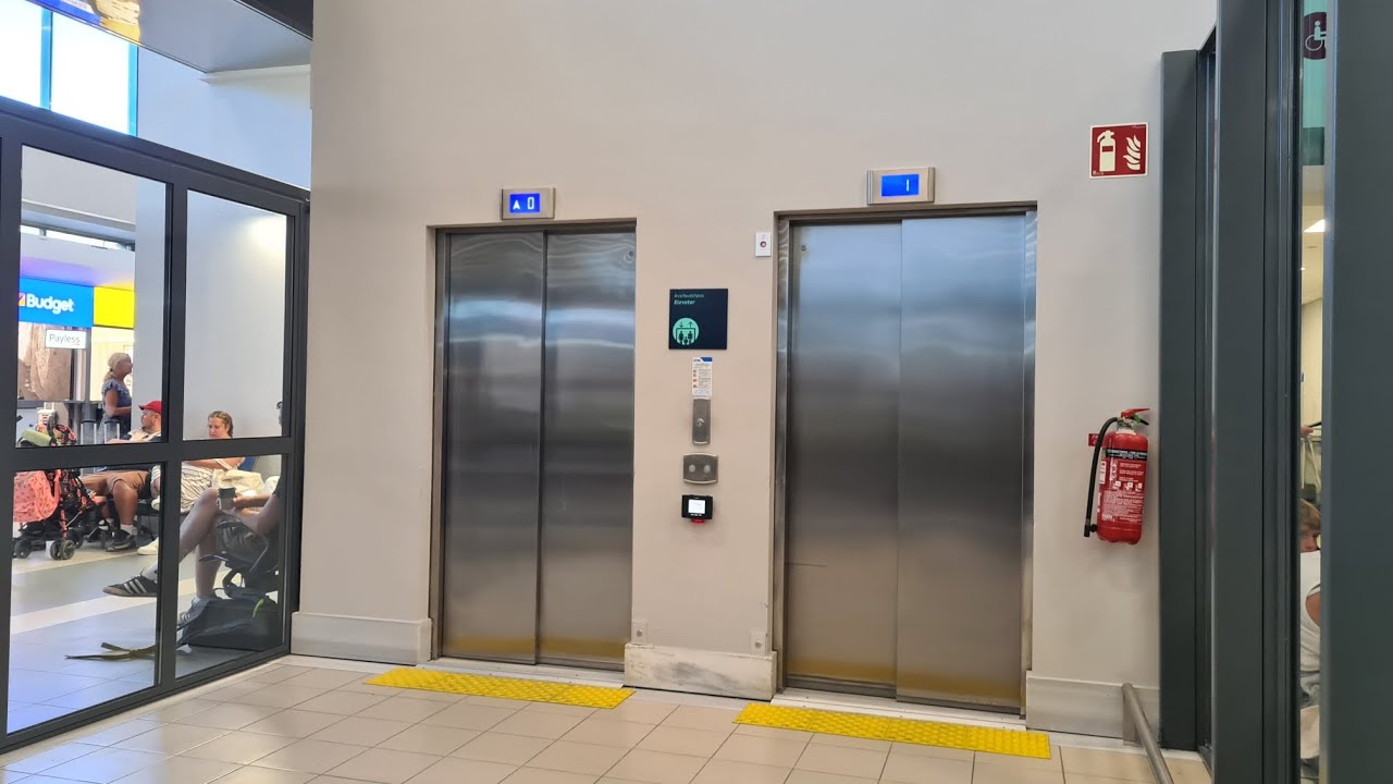 2 Chinese OTIS Gen2 elevators. Departures, Zakynthos Airport, Greece.