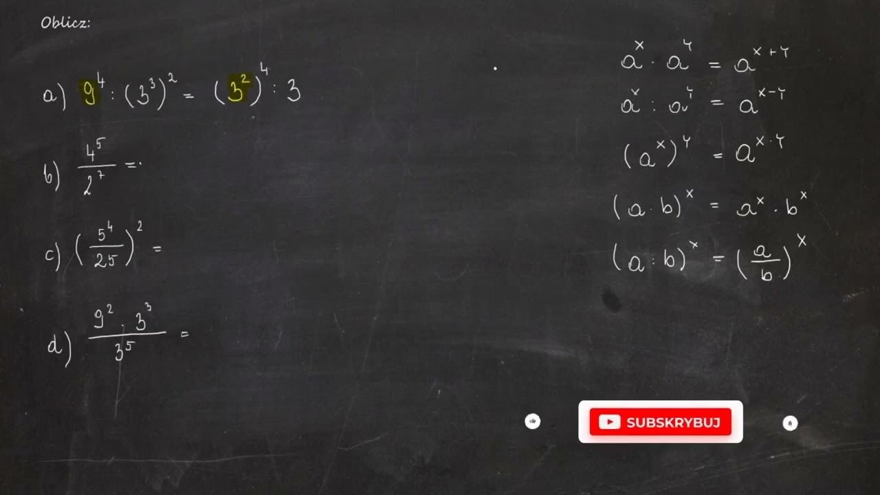 Oblicz: a) 9^4 : (3³)²   b) 4^5/2^7  c) (3³ * 2³)² d) (2/7)^5 * 7^5