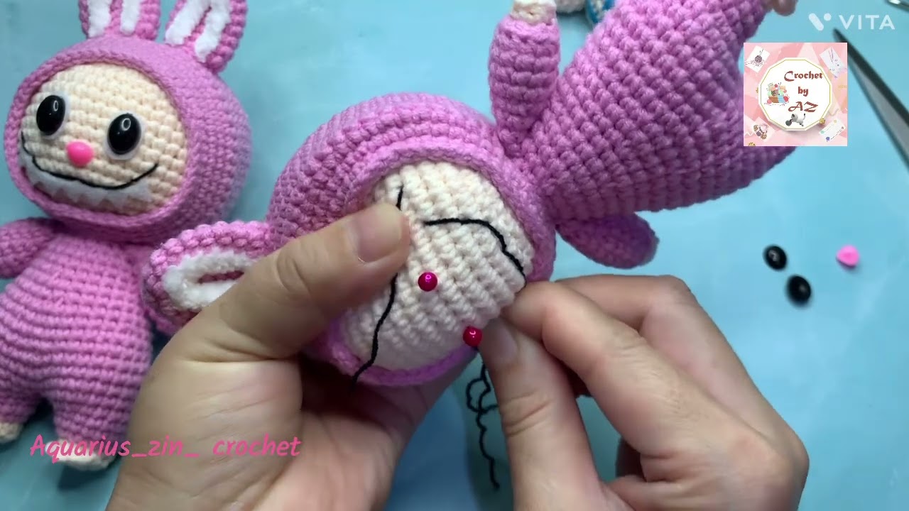 Crochet Labubu ✅ Part 8/8 : To fix eyes, nose, mouth & teeth #labubu