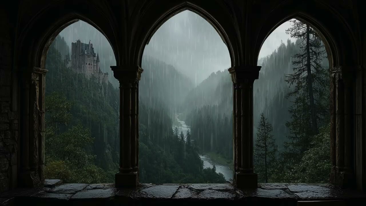 🌧️ Castle View Rain Ambience | Calm Medieval Window Scene in 4K