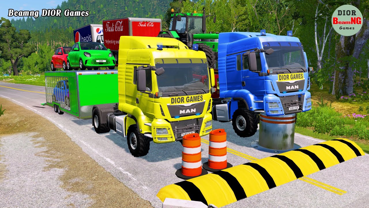 Double Flatbed Trailer Truck cars vs rails tractor vs train cars vs bollards Beamng Drive 428