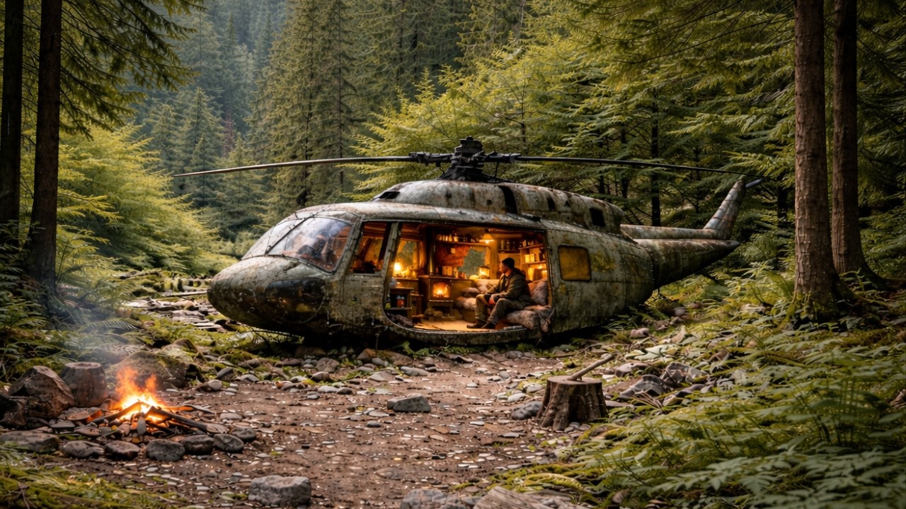 Building a Luxury SECRET HOME Inside an Abandoned Helicopter Hidden Deep in the Forest (ASMR)