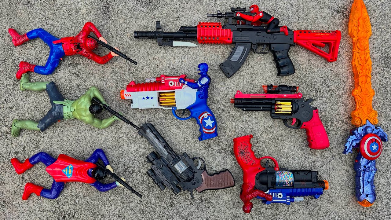 Lot of Spiderman Lights Gun, Nerf Gun, Sniper Gun, M16 Gun, Electric gun, M416, Military Toy Gun Set