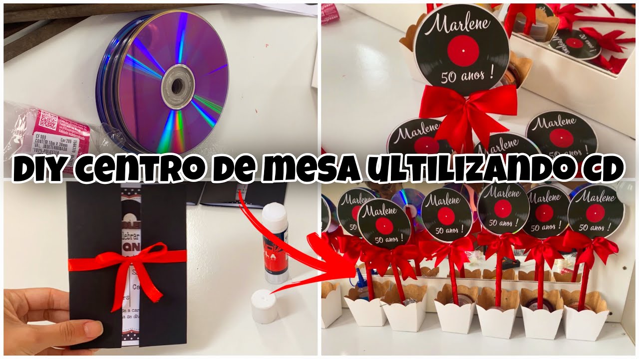 PREPARATIVOS PARA A FESTA  ANOS 60s : FIZ CENTRO DE MESA ULTIZANDO CD E CONVITE COM CARTOLINA
