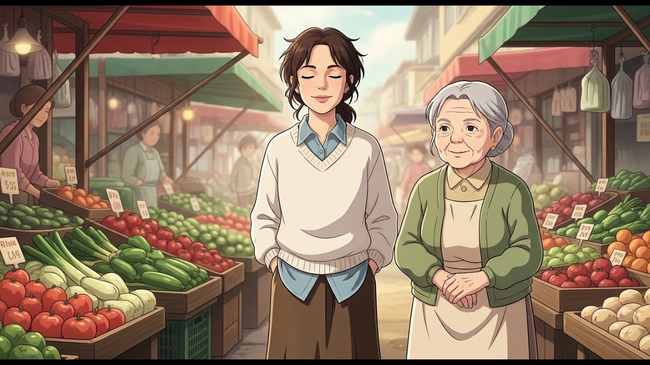Early Morning Market Walk — fresh vegetables and familiar faces Ghibli Style ASMR