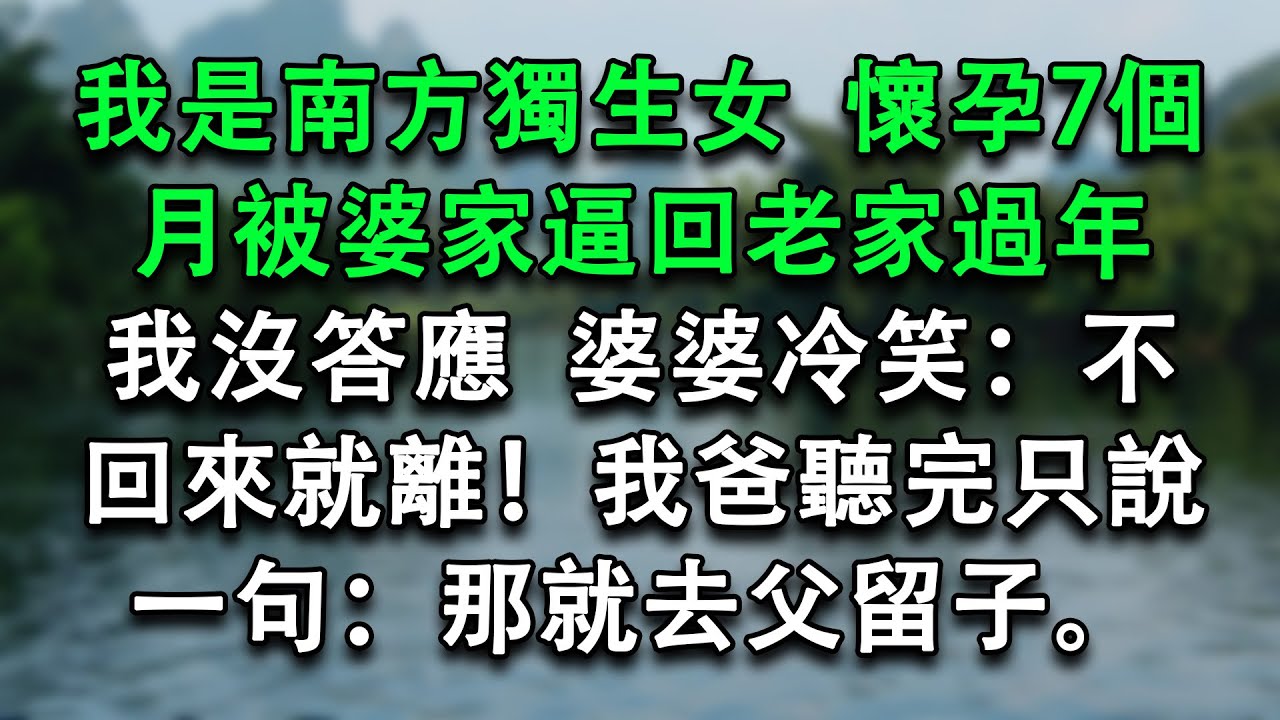 我是南方獨生女，懷孕7個月被婆家逼回老家過年，我沒答應，婆婆冷笑：不回來就離！我爸聽完只說一句：那就去父留子。#故事頻道 #小説 #婚姻情感 #爲人處世