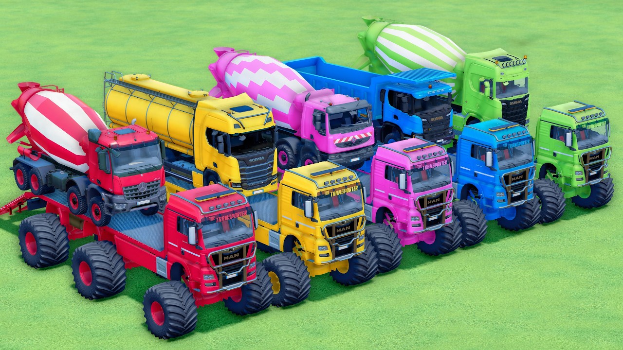 MONSTER FLATBED TRUCK LONG CONVOY TRANSPORT OF COLORS! ALL MIXER TRUCKS, MAN, MERCEDES, SISU - FS25