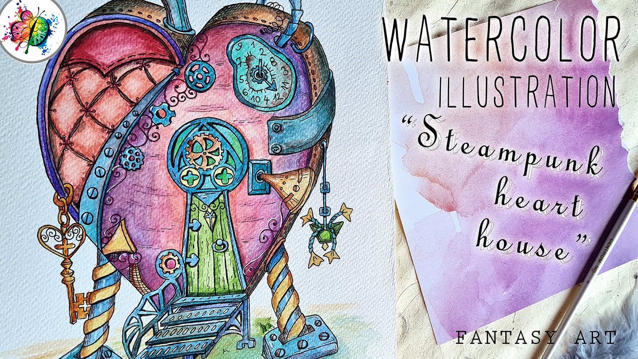 Watercolor steampunk heart house | Valentine's illustration