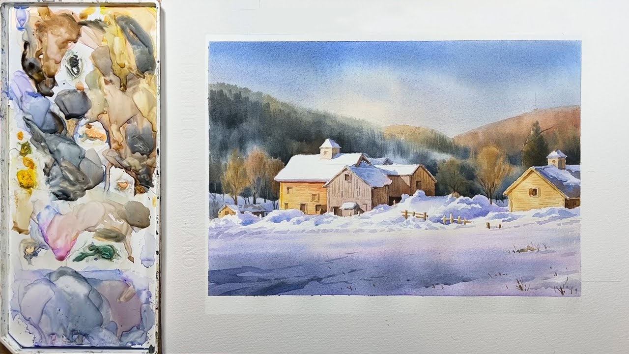 Легкий пейзаж акварелью — Зимняя деревня