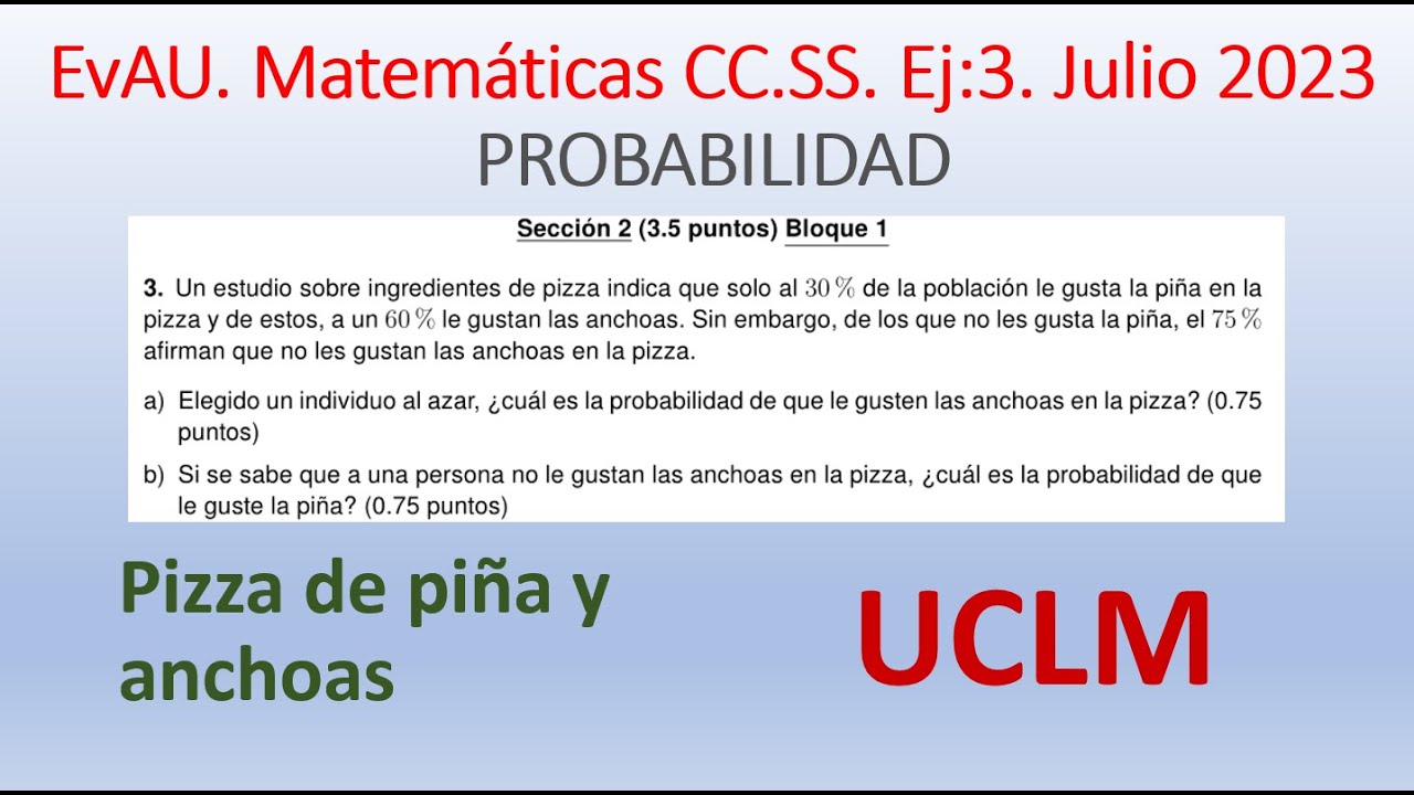 EvAU 2023 (Julio). Matemáticas CC.SS. Castilla-La Mancha. Ejercicio 3 (probabilidad piña con pizza).