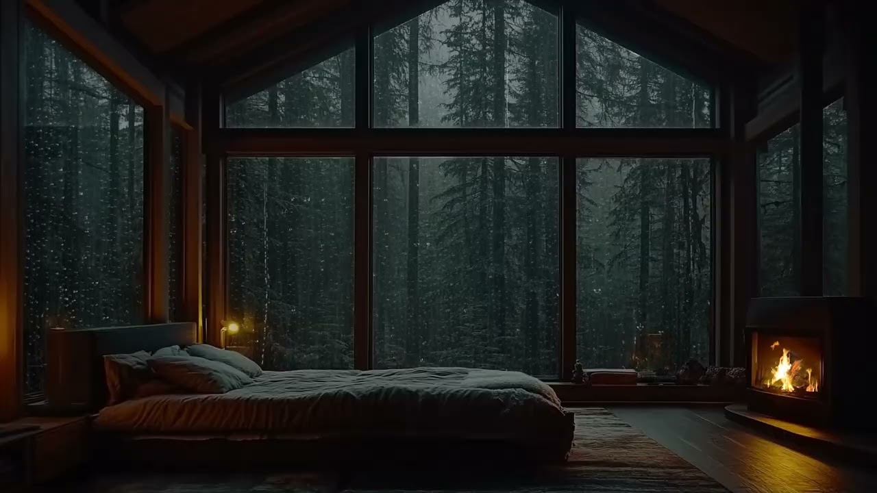 Rainy Night in a Forest Room with Heavy Rain and Strong Thunder Sound for Sleeping and Relaxing