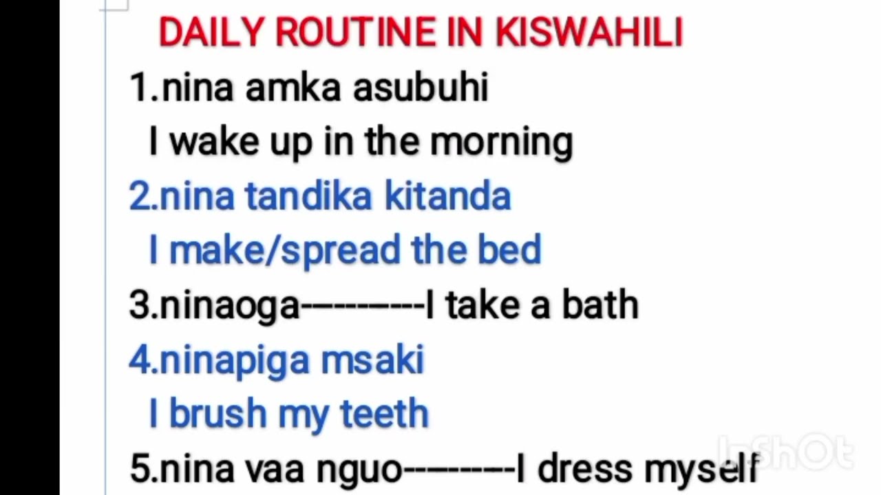 CT DAILY ROUTINE IN KISWAHILI.Learn swahili to english routines