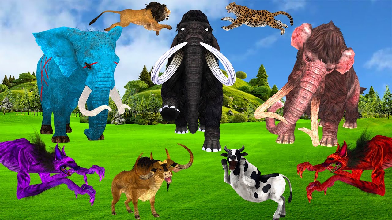 5 Woolly Mammoth Elephant VS 5 Giant Lion Tiger Wolf Attack in Animal Kingdom