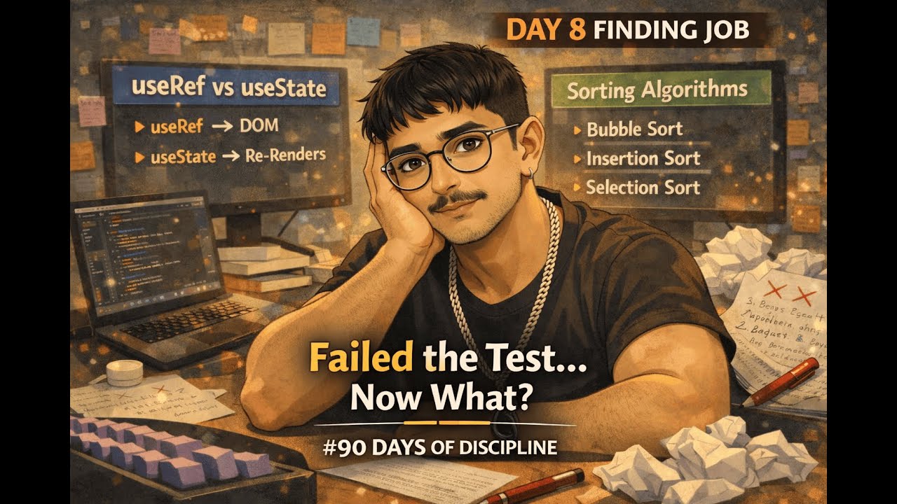 Day 8 I Failed an Assessment… But Didn’t Quit | useTransition, useRef vs useState + Sorting DSA