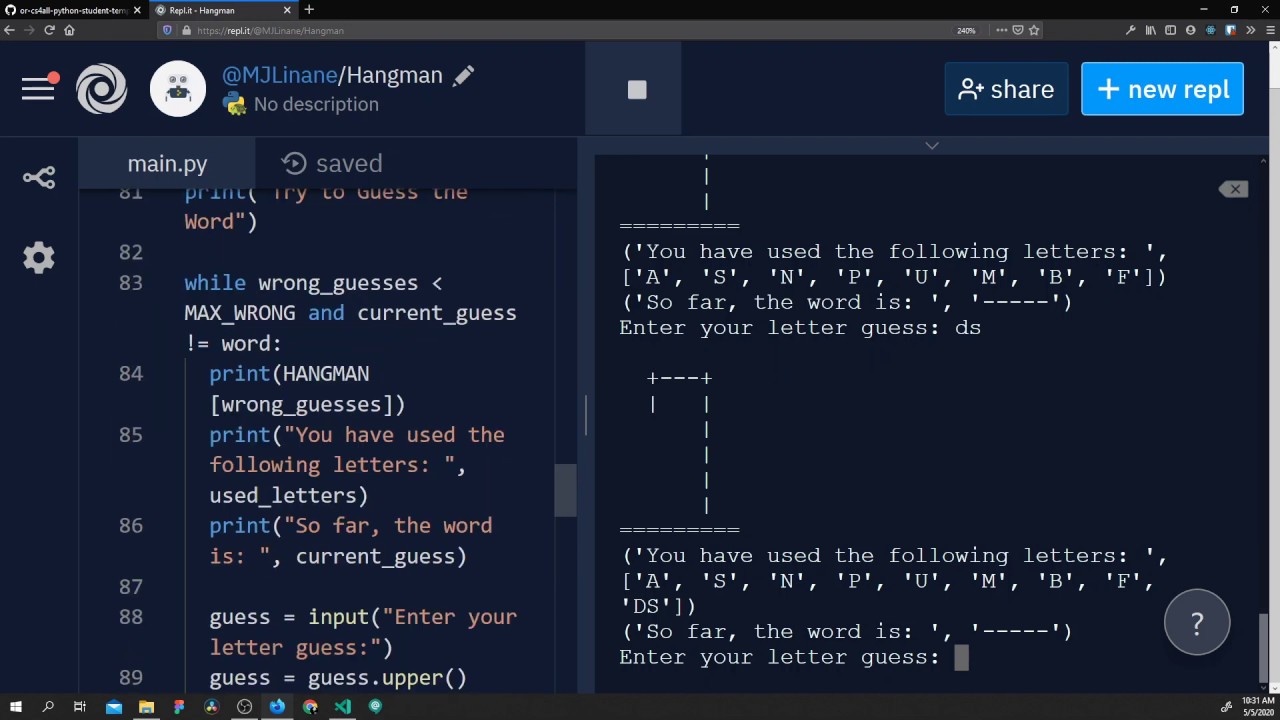 Python Hangman (With Lists, If/Else, While Loops)