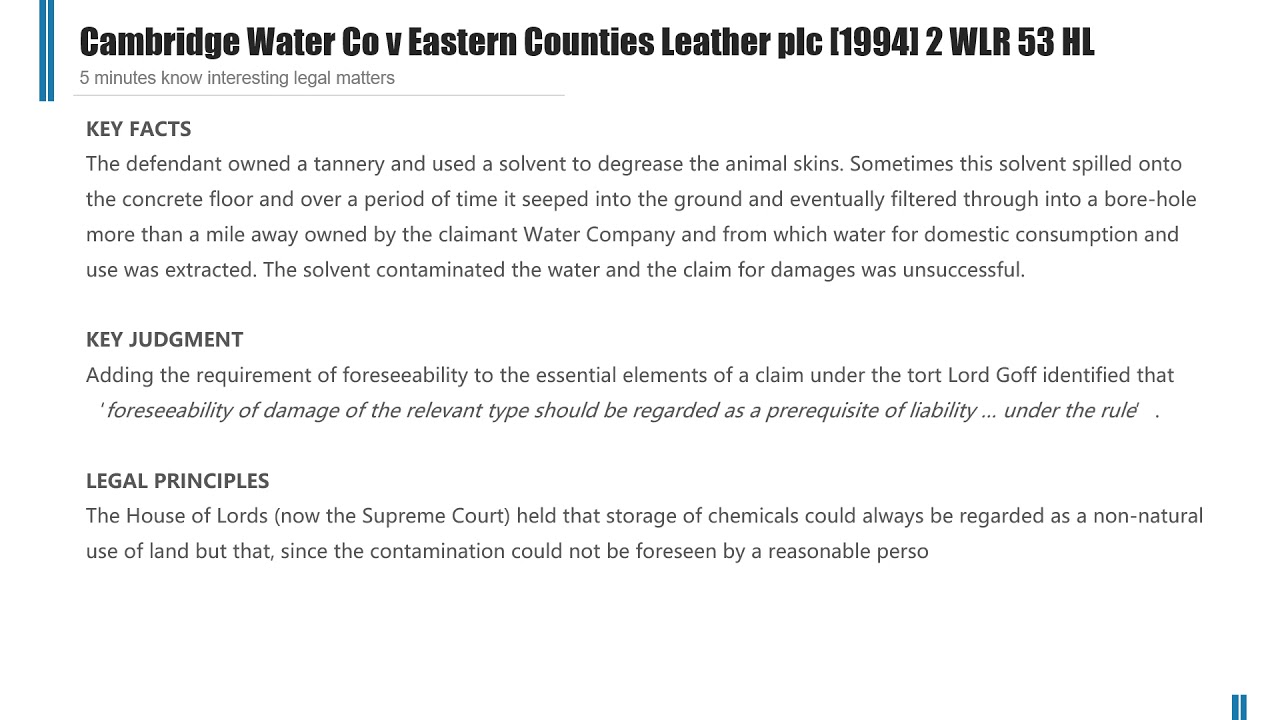 [Case Law Tort] ['remoteness of damage'] Cambridge Water Co v Eastern Counties Leather plc [1994]