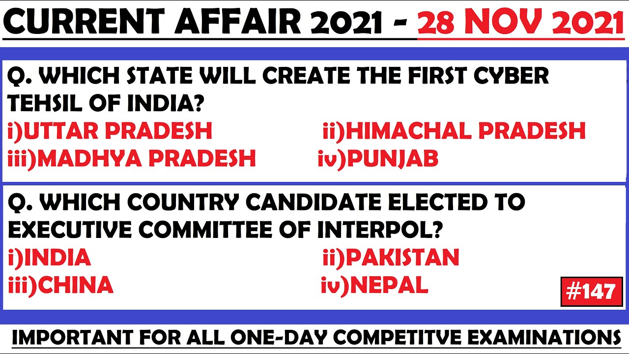 28 Nov 2021 Current Affairs Questions | India & World Current Affairs | Current Affairs 2021 Nov |