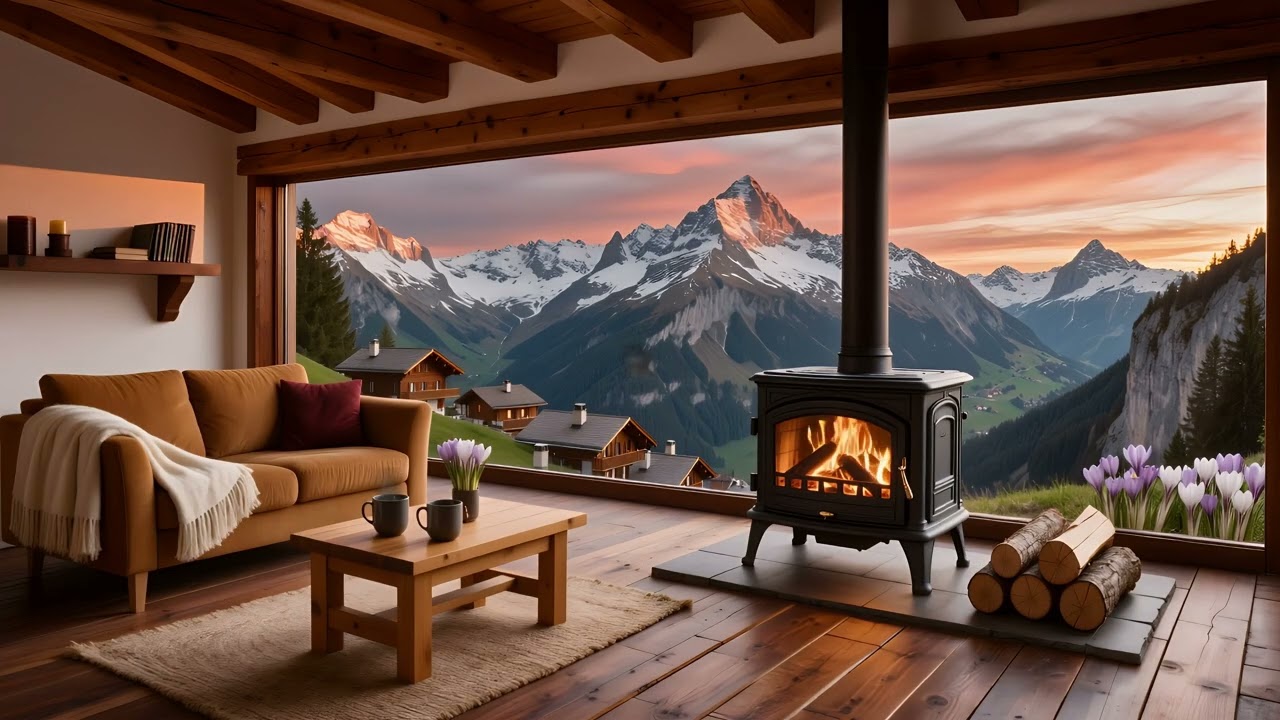 Swiss Alps Wood Stove at Sunset 🏔️🔥 | Cozy Alpine Chalet Overlooking a Mountain Village in Spring