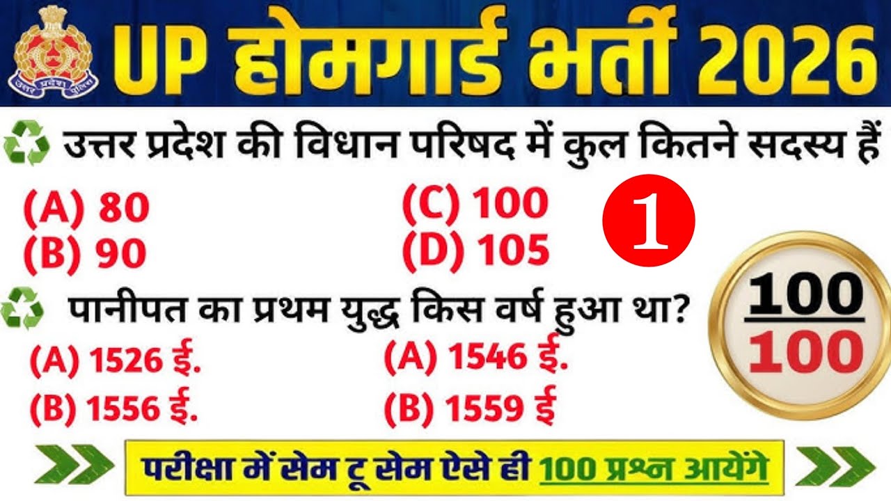 UP Home Guard भर्ती 2025 | UP GK Top 100 Questions | UP Gk Previous Year Questions Paper | Part 1