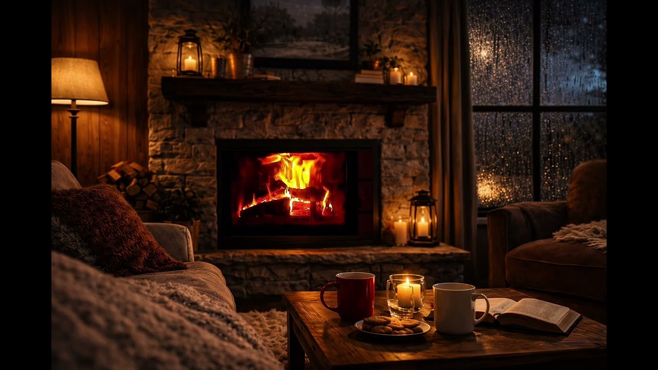 Late Night Fireplace Ambience 🌙 | Rain Outside, Soft Crackling Fire for Focus & Calm