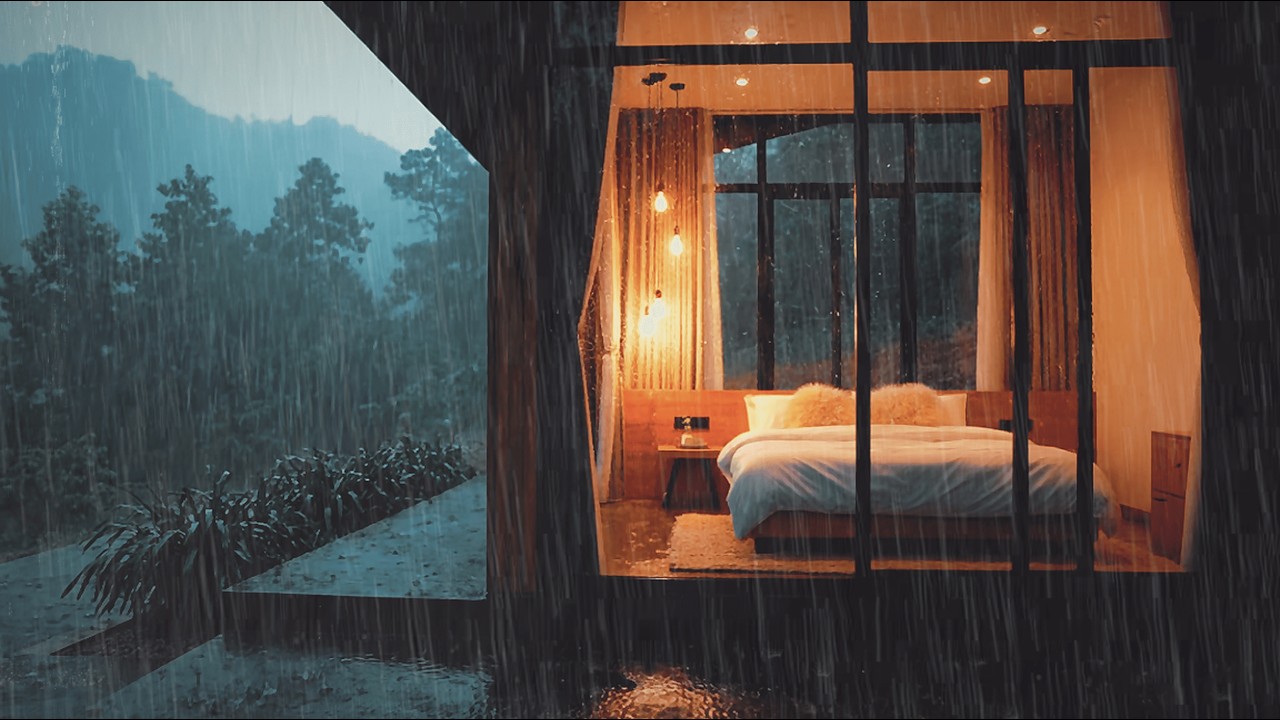 Rain Sounds for Deep Sleep & Insomnia | Cozy Glass Cabin | Heavy Rain Ambience ASMR Relaxing 🌧️