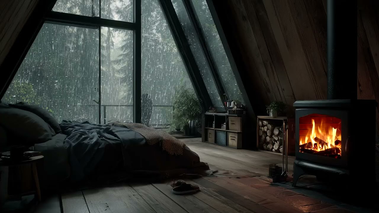 Warm Fireplace & Soft Rain 🌧️ Peaceful Night for Deep Sleep