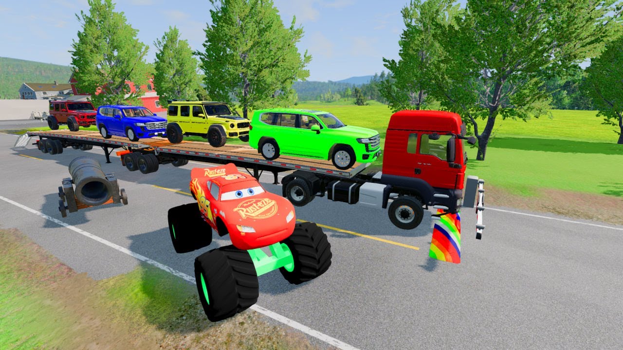 Flatbed Truck McQueen | Transportation with Truck - Pothole vs Car # | BeamNG.Drive Gameplay