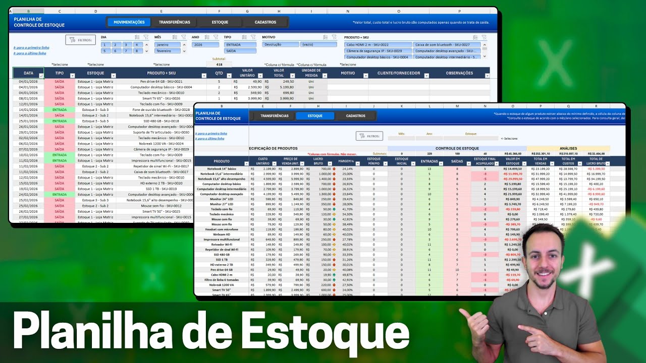 Planilha Excel Profissional de Estoque | Entradas, Saidas, Transferencia entre estoque, Análises