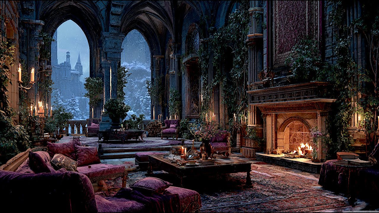 Gothic Castle Fireplace on a Winter Night | Fireplace and Snow Sounds | Cozy Ambience for Relaxation