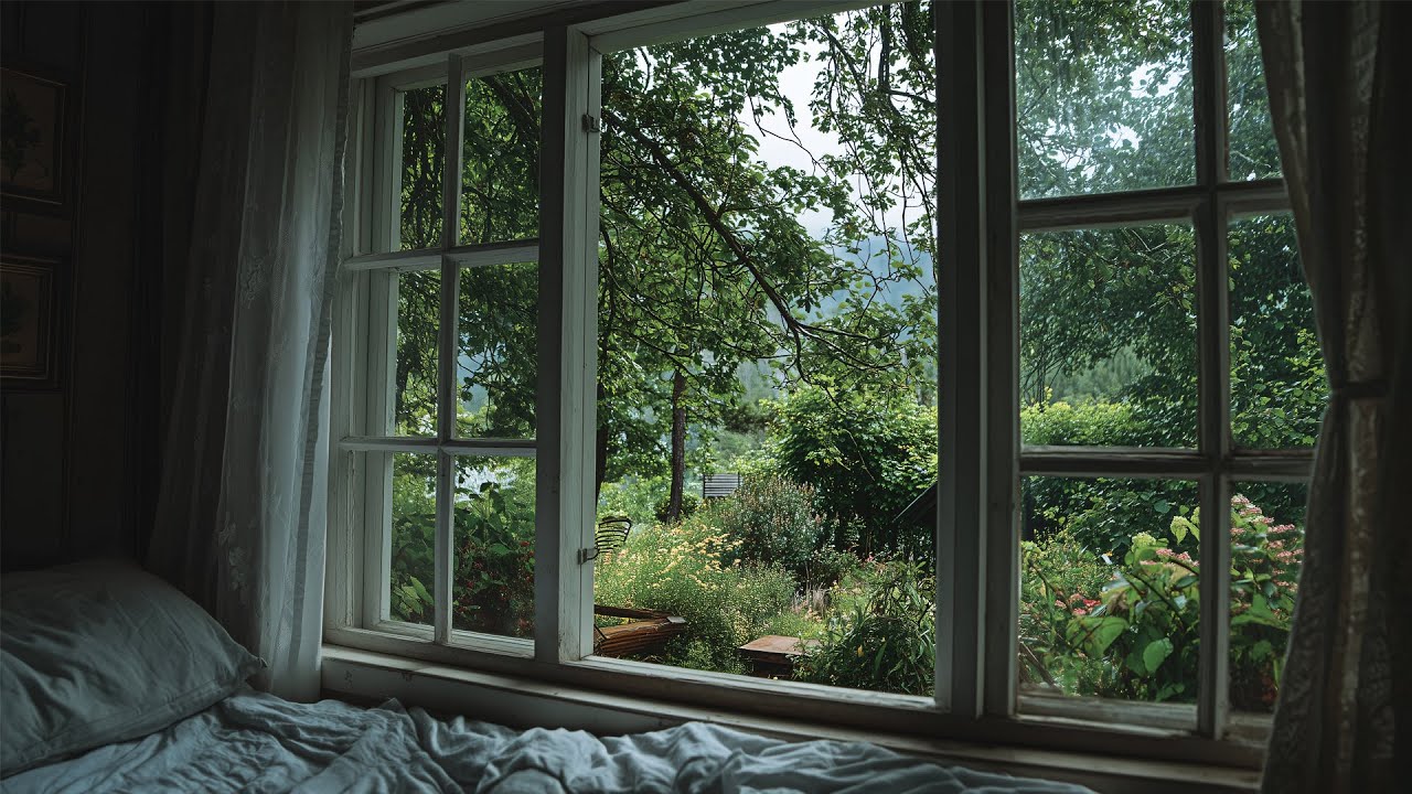 Relaxing Summer Rain With A Garden View🌧️Calm Rain Ambience For Reading, Sleeping, Etc.