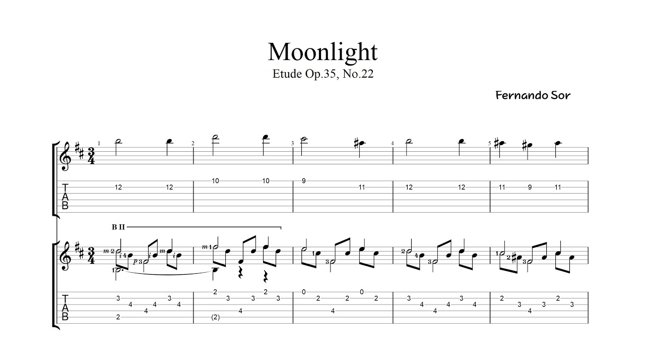 [Guitar Sheet Music] Sor - Moonlight (Etude Op.35-22). 소르 - 달빛 (연습곡 작품 35-22). Guitar Tab (Free PDF)