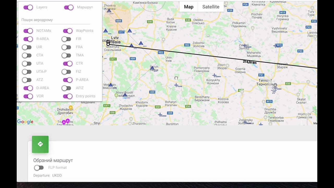 Airfields in Ukraine. Creating route from UKDD to UKLL.