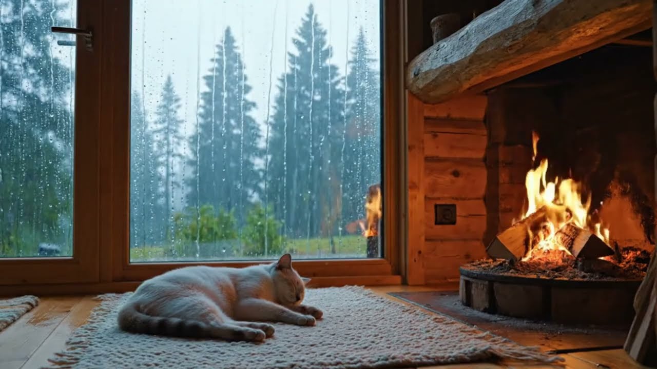🌧️Sleep Better & Relax Deeply | Rainy Forest Cabin with Fireplace & Peaceful Sleeping Cat.
